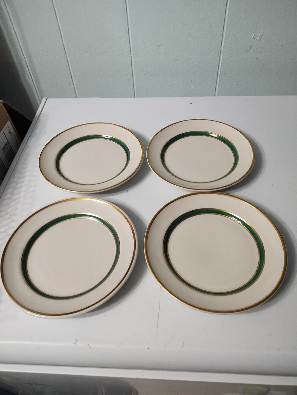 4-Vintage Jackson China Salad Plates with Hunter Green and Gold Trim- Rare